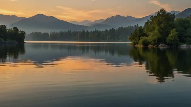 A stunning mountain lake at sunset, surrounded by a dense forest with the sky painted in warm hues of orange and purple