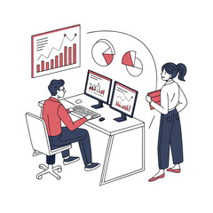 Business Data Analysis Illustration: Man and Woman Analyze Charts and Graphs