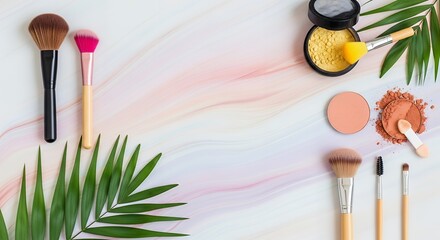 Makeup Brushes and Cosmetics on Pastel Marble Background