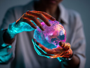 Person holding glowing digital earth globe with high-tech grid overlays and neon lighting effects