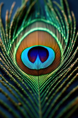 Obraz premium Macro shot of a vibrant peacock feather with iridescent colors and intricate detail