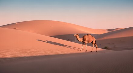 Camel Walking Across Desert Dunes
