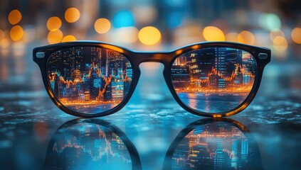 Glasses reflecting a city skyline with stock market graphs