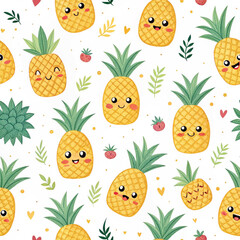 Colorful Pineapple and Floral Tropical Background Illustration