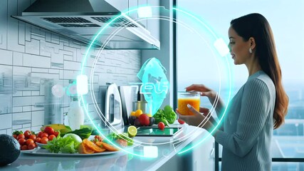 Young woman drinking green juice near smart kitchen display, analyzing nutritional data and global food insights through interactive holographic interface - Powered by Adobe