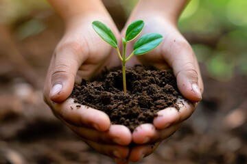 Sapling held in hands symbolizes new growth care and the promise of the future