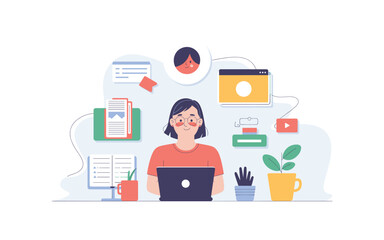 Woman working remotely with a laptop and digital resources, vector illustration