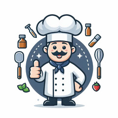 Cartoon chef surrounded by cooking tools giving a thumbs up