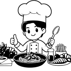 Cartoon chef with food pasta fish vegetables Holding spoon giving thumbs up