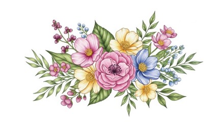 Watercolor Floral Bouquet with Colorful Blooms and Greenery