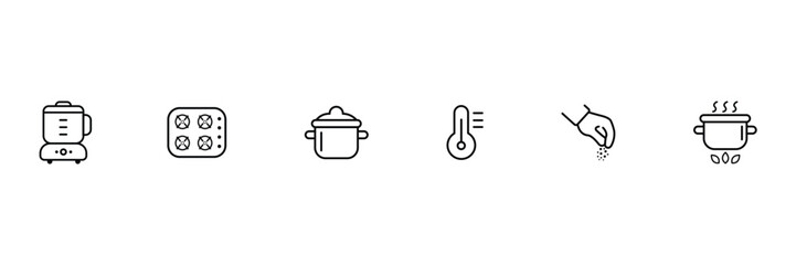 Cooking utensil appliance boiling salt spice stove blender pot temperature icon vector illustration for kitchen heat preparation process set.