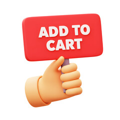 3D illustrator add to cart shopping sign held by hand icon on transparency background. for e-commerce, online shopping or marketing concept. 
