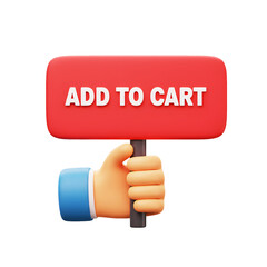 3D illustrator add to cart shopping sign held by hand icon on transparency background. for e-commerce, online shopping or marketing concept. 
