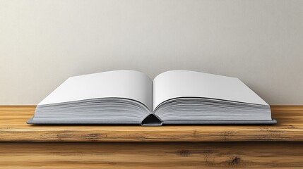 Open book on wooden shelf, blank pages, neutral background