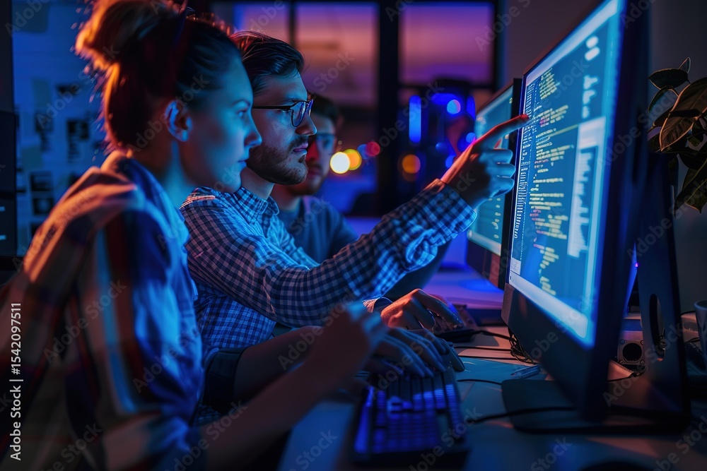 Poster teamwork in tech: developers collaborating and reviewing code in a modern neon-lit office