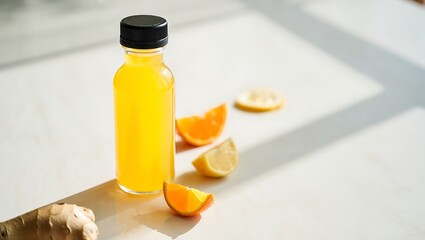 Healthy immunity boosting drink in a bottle with lemon orange slices and ginger
