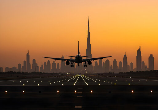dubai airport runway with plane arriving at dusk and illuminated skyline

