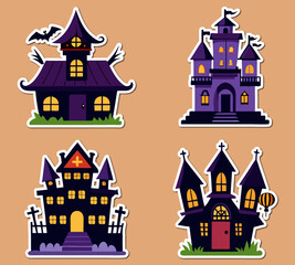 A big collection of Collection of halloween stickers. Spooky haunted house with Castle, and Bats black illustration of night scenery on white background