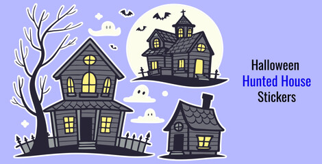 A big collection of Collection of halloween stickers. Spooky haunted house with Castle, and Bats black illustration of night scenery on white background