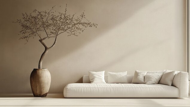 Minimalist beige living room with a single potted tree. Sunlight streams in through a large window, highlighting the neutral color palette.  A long, low, white couch is situated in front of the wall