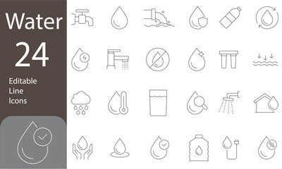 Water Editable Line Icons Set. Drinking water, drop, rain, glass of water, shower, containing water and more. Vector illustration