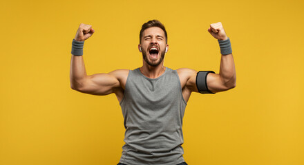 Naklejka premium Triumphant Fitness Muscular Man Celebrating Workout Success