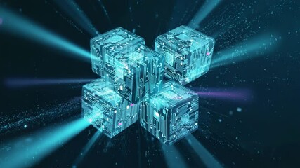 Glowing digital cubes with circuit patterns represent blockchain technology, data storage, and futuristic digital networks in a virtual space. - Powered by Adobe