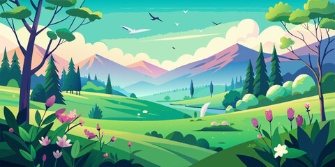 Obraz premium Spring Meadow with Blossoms – Pastel Vector Landscape