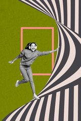 Trend artwork sketch design montage 3D collage of young lady run excited smile wear bluetooth...