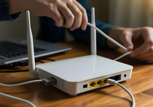 connecting internet cables to modern white wireless wi-fi router on wooden table
