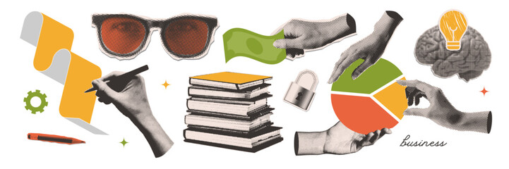 Trendy halftone collage business elements set. Hands holding money, signing the contract, assembling a pie chart. Analog technology, start up, idea, team work concept. Modern retro vector illustration