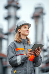 A female technician holding a digital tablet while inspecting vertical gas columns in an industrial yard, portrait-focused scene, diversity in energy sector.