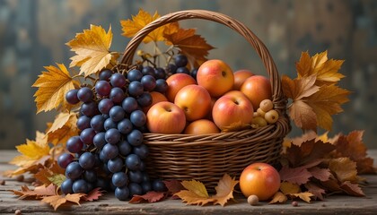 Harvest in the Fall: A Basket of Ripe Apricots and Grapes with Vibrant Fall Leaves