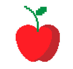 Pixel Art Red Apple with Green Stem isolated