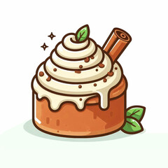 Cartoon cinnamon roll with frosting cinnamon stick leaves and star sparkles
