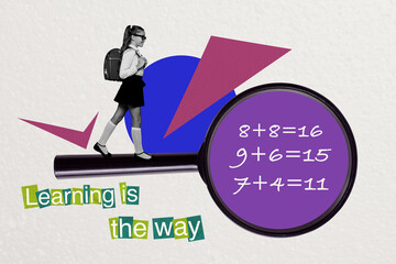 3d image full zine photo collage of happy small schoolgirl walk magnifier lens learning is the way...