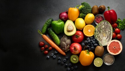 colorful fruits veggies on dark background
