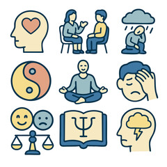 Mental health icons representing therapy, emotions, balance, and mindfulness