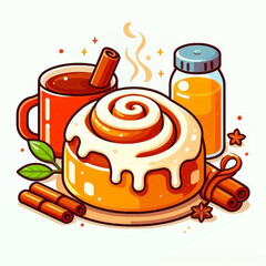 Cartoon Cinnamon roll with frosting spices drink and juice jar