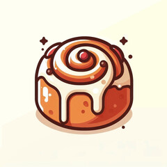 Cartoon cinnamon roll with glaze darkbrown outline and sparkling accents on an offwhite background
