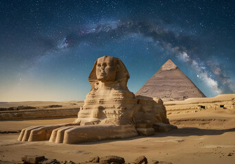 great sphinx of giza with pyramid under milky way stars
