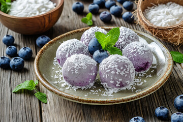 Frozen Blueberry and Coconut Yogurt Bites made of smooth unsweetened coconut yogurt and fresh blueberries, garnished with shredded coconut and fresh mint, arranged on a ceramic plate.