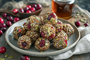 Pumpkin Seed and Cranberry Bites made with crunchy toasted pumpkin seeds, dried cranberries, and chia seeds, bound with sticky maple syrup, arranged on a ceramic plate.