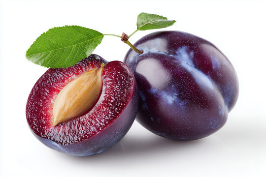 close up of  ripe plums with leaves