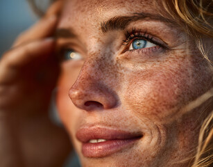 Woman applies sunscreen on her face at the beach to protect skin from the sun.