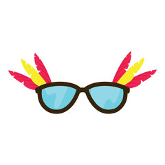 Black frame sunglasses with blue lenses and colorful feathers front view vector illustration on a white background
