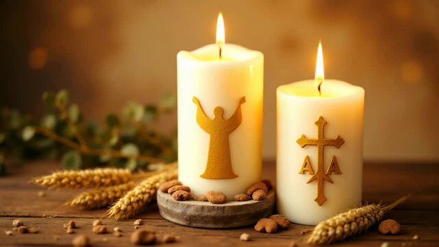 Two lit decorative candles with religious symbols sit on a rustic wooden surface, surrounded by wheat stalks, nuts, and greenery.