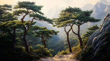 Obraz premium Towering pine trees on a Korean mountain trail