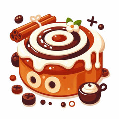 Cartoon cinnamon roll with icing cinnamon sticks flower chocolate discs and coffee cup