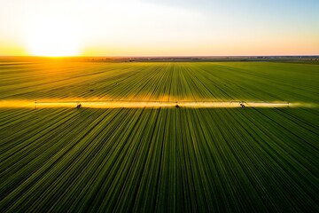 Aerial View of Green Agricultural Field at Sunset Irrigated by Center Pivot Irrigation System Showing Long Rows of Crops and Golden Hour Light